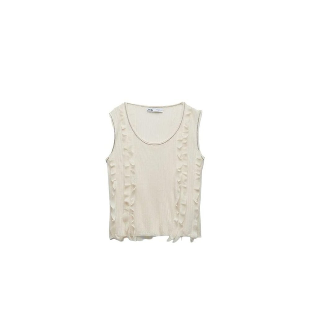 ZARA RIBBED KNIT TOP WITH RUFFLES ECRU SIZE S | 9598/065